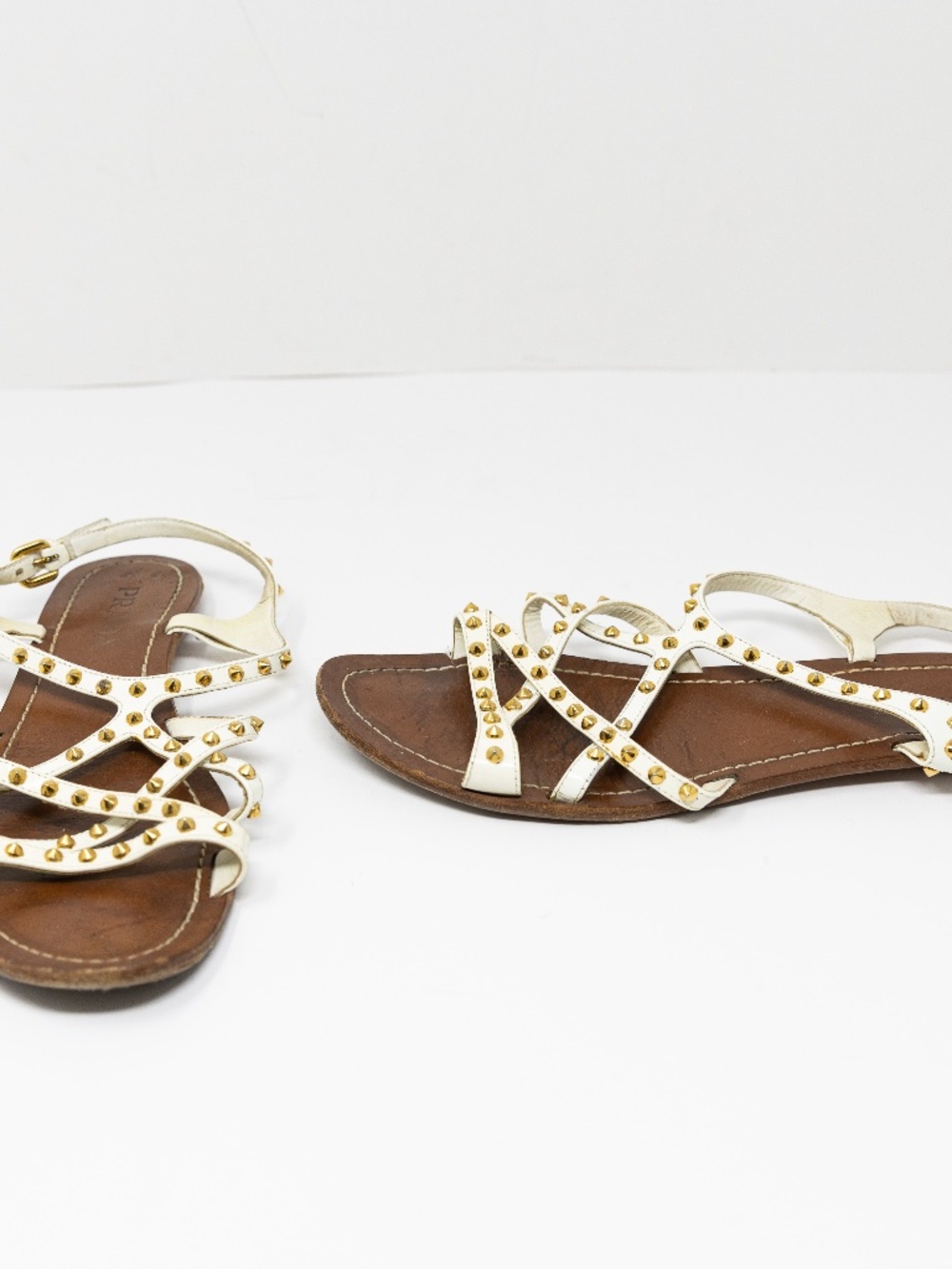Prada Made In Italy Genuine Leather Studded Embellished Open Toe Flat Sandals